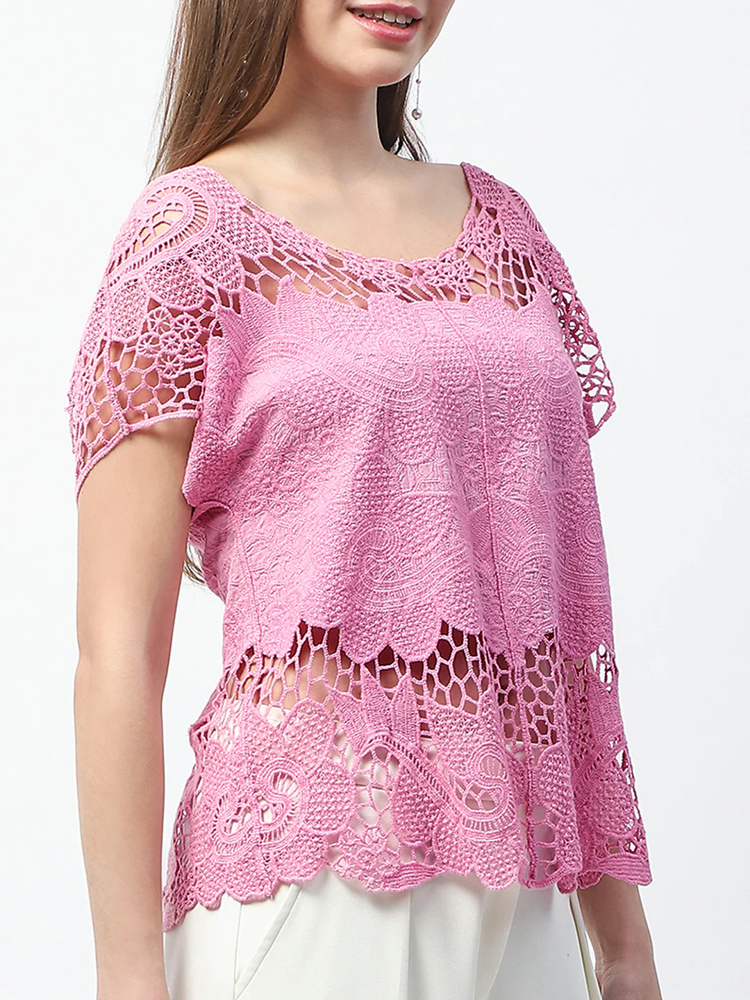 Madame Floral Crochet Pink Cotton Lace Top - Image 7