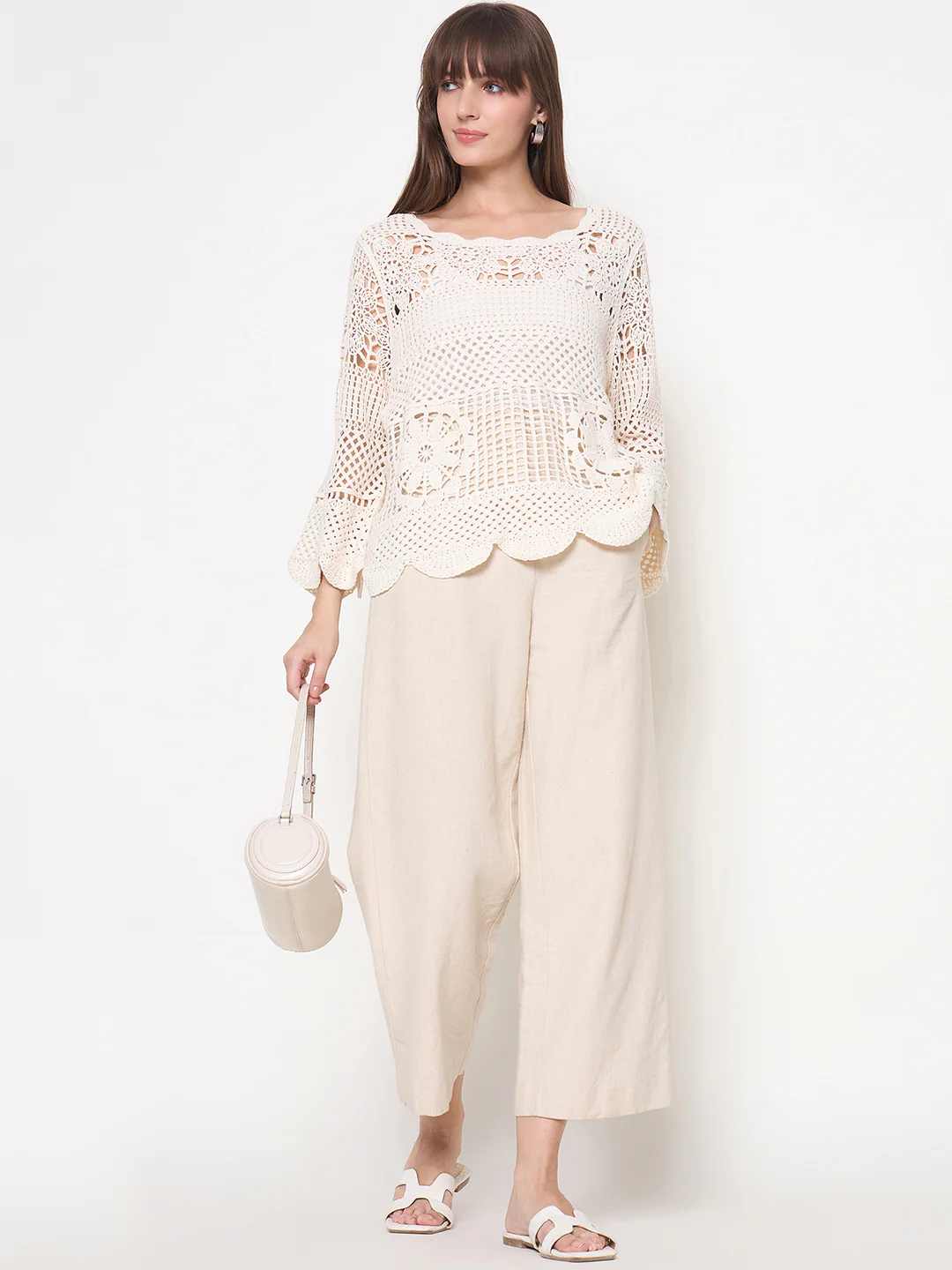 Madame Crochet Bell Sleeve Beige Knit Top - Image 2