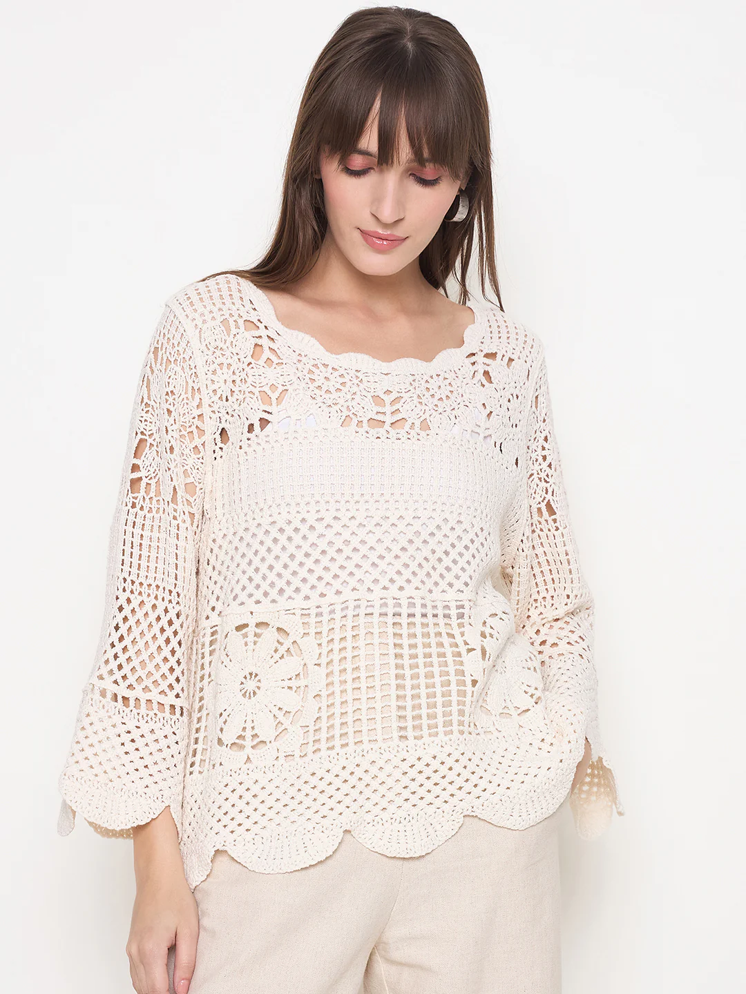 Madame Crochet Bell Sleeve Beige Knit Top - Image 3