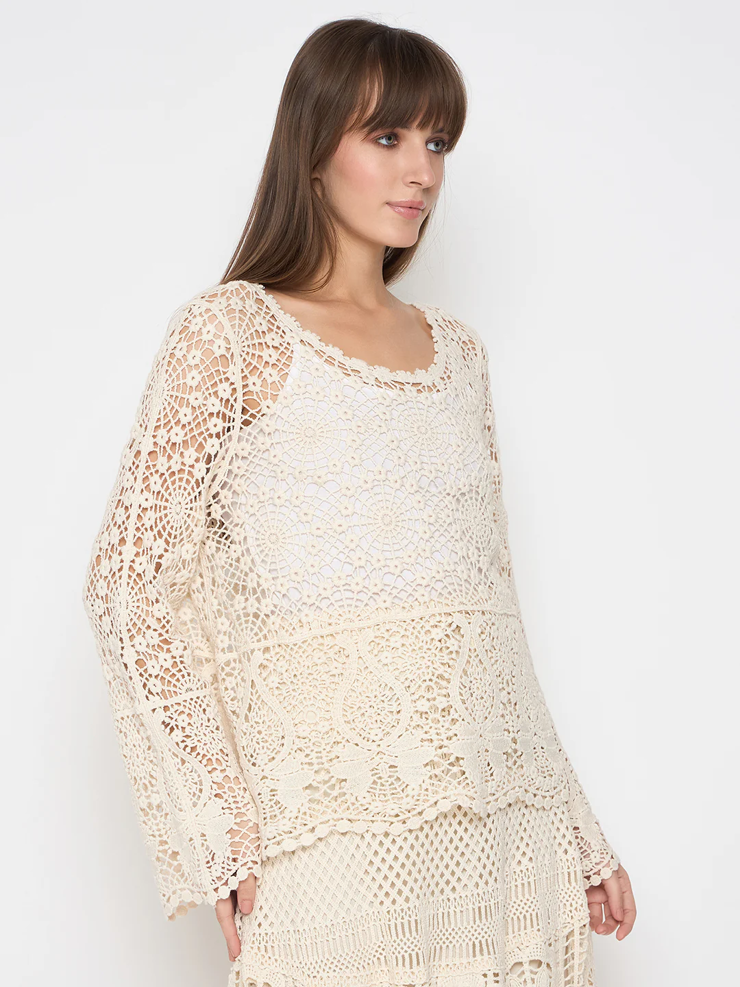 Madame Crochet Round Neck Bell Sleeve Beige Top - Image 4