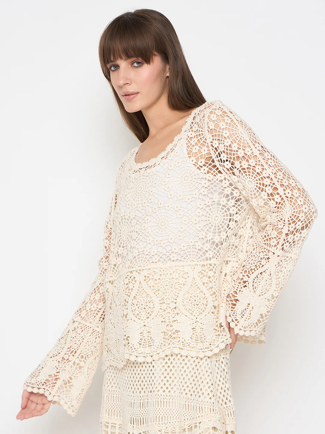 Madame Crochet Round Neck Bell Sleeve Beige Top - Image 5