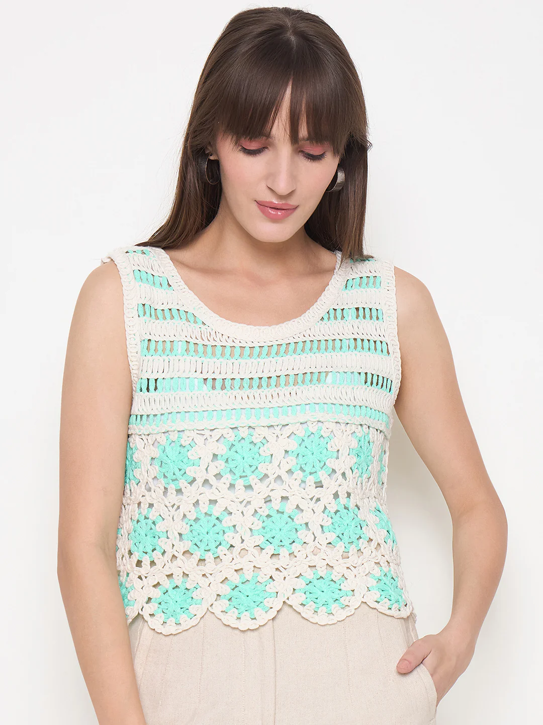 Madame Crochet Sleeveless Solid Green Cotton Top - Image 3