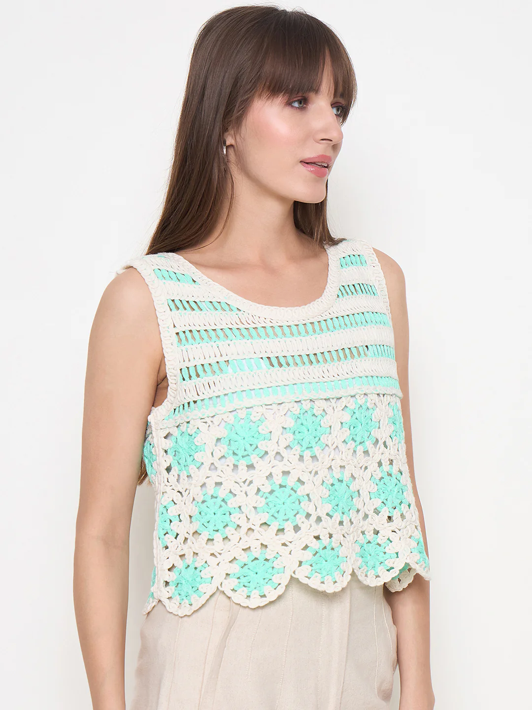Madame Crochet Sleeveless Solid Green Cotton Top - Image 4