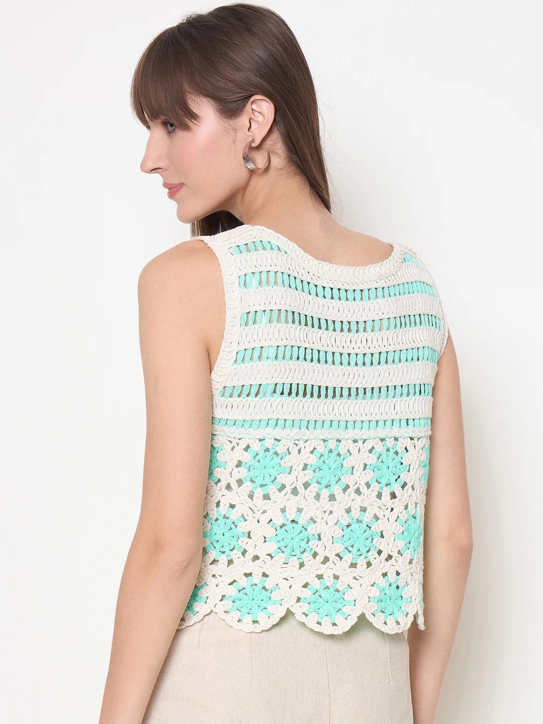 Madame Crochet Sleeveless Solid Green Cotton Top - Image 6