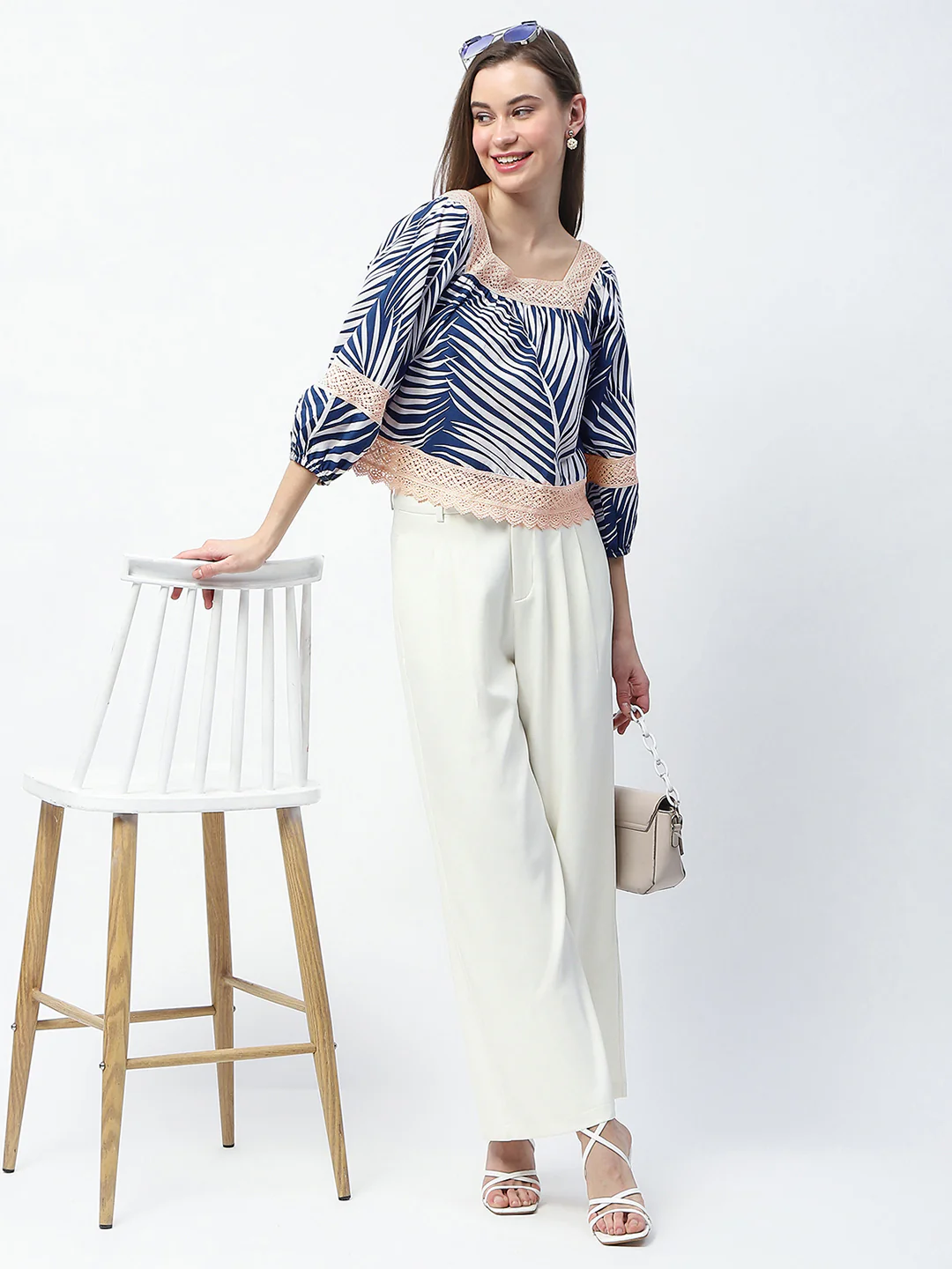 Madame Botanical Print Cotton Blend Navy Blue Top - Image 2