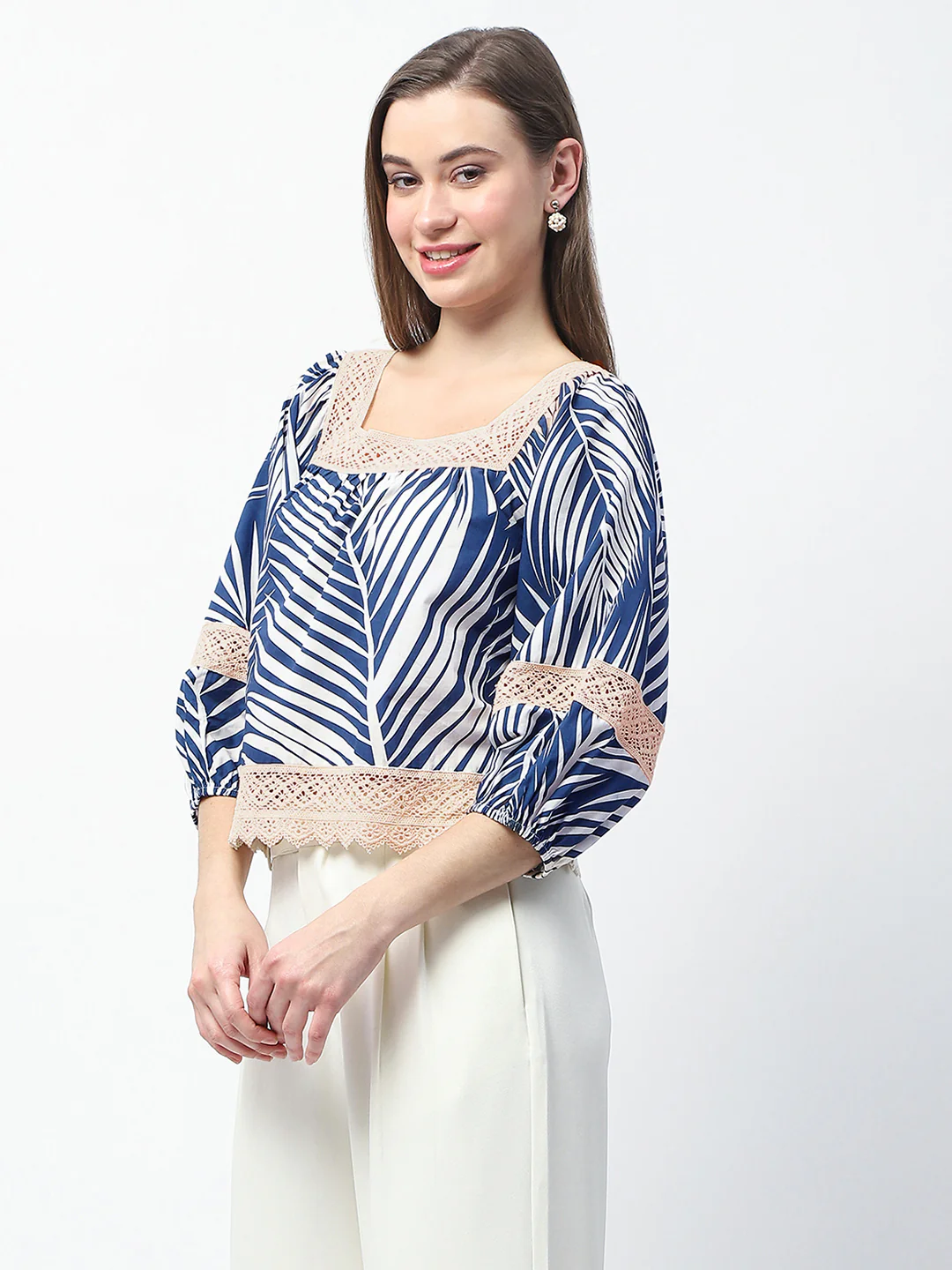 Madame Botanical Print Cotton Blend Navy Blue Top - Image 6