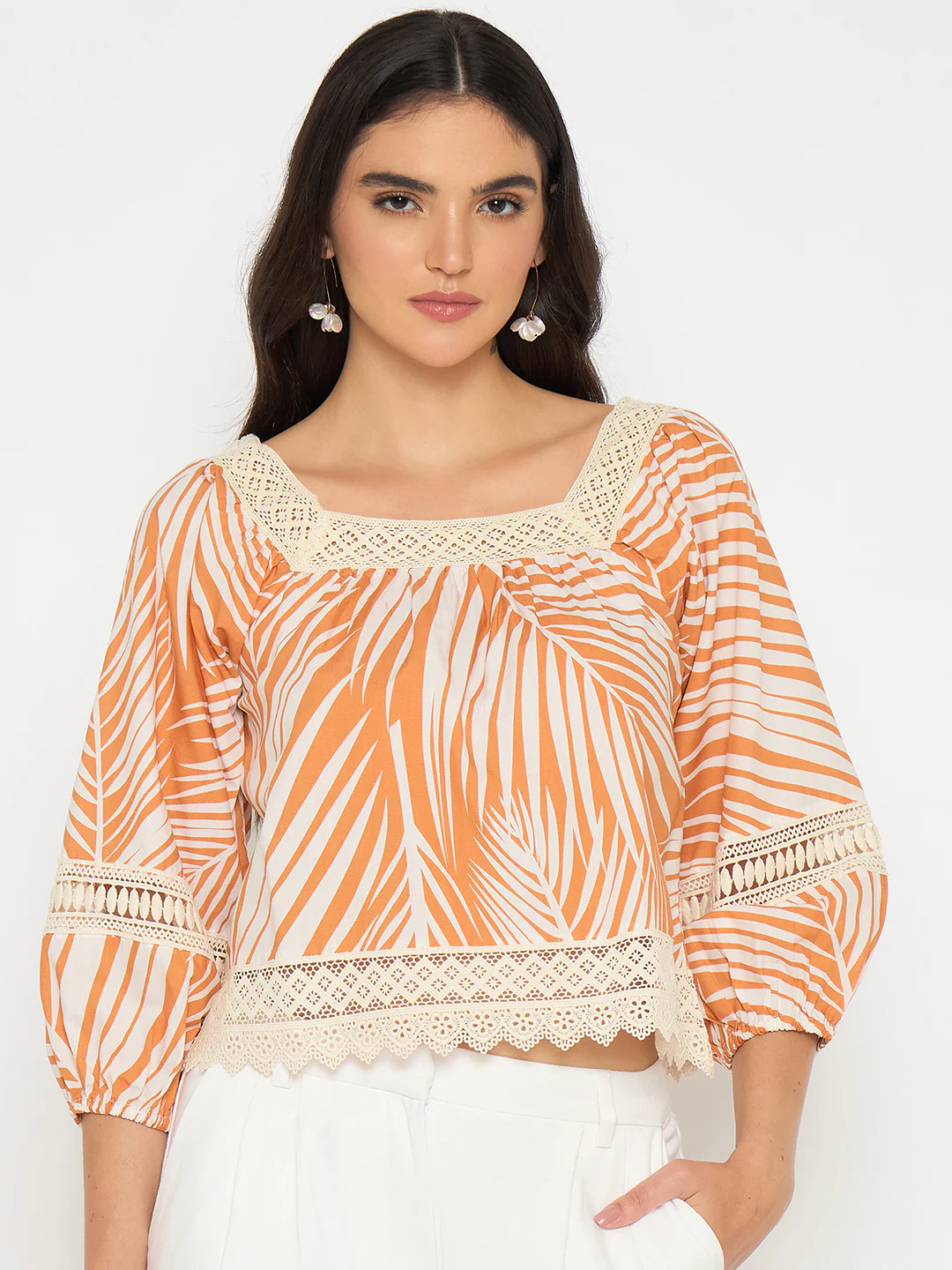Madame Botanical Print Cotton Blend Warm Amber Top - Image 3