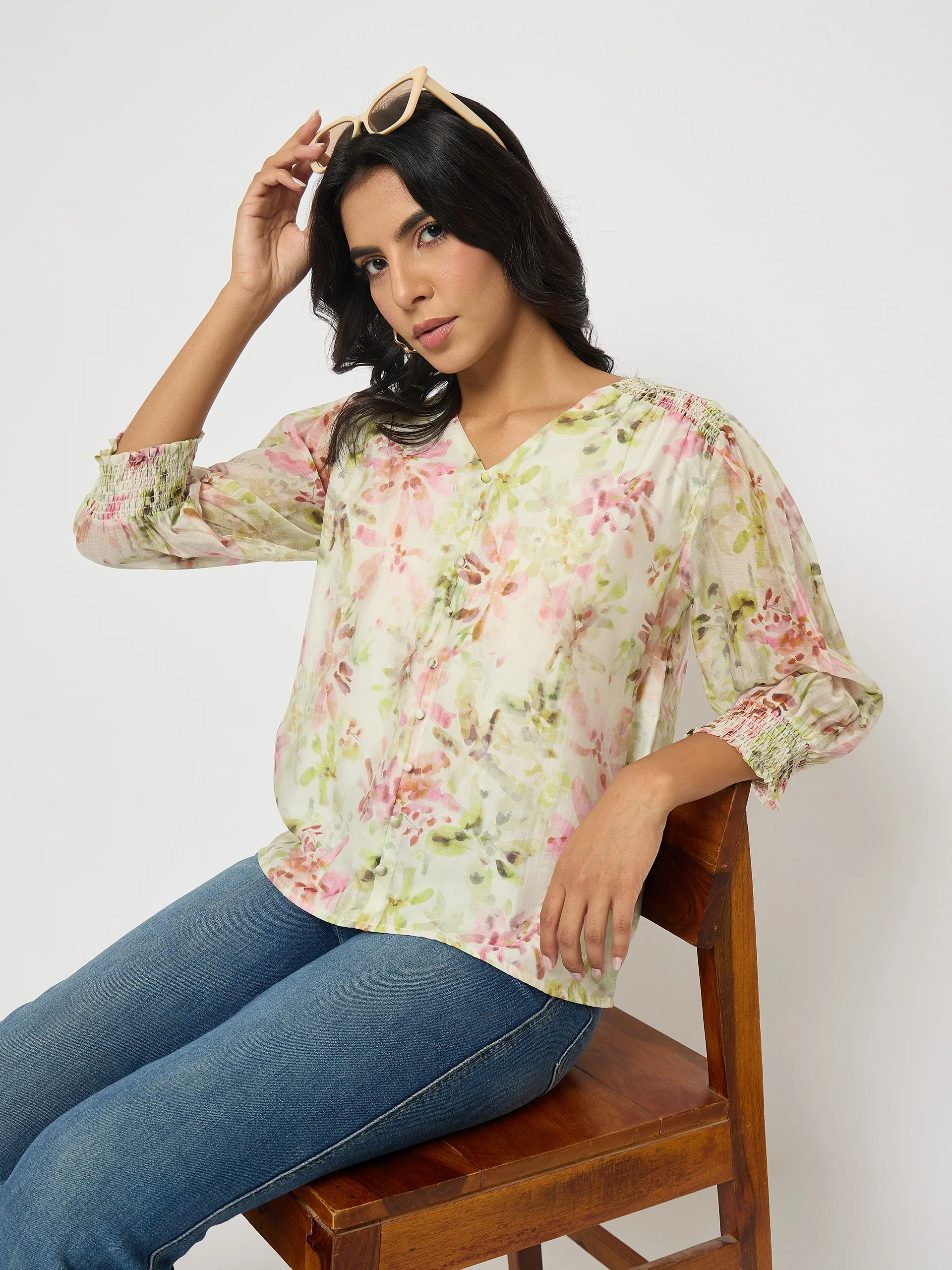 Madame Floral Print Ruffle Detail Cotton Green Peplum Top