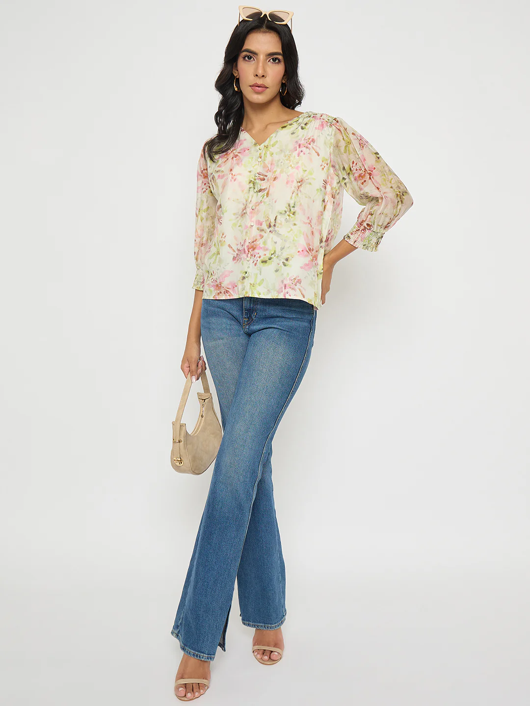 Madame Floral Print Ruffle Detail Cotton Green Peplum Top - Image 2