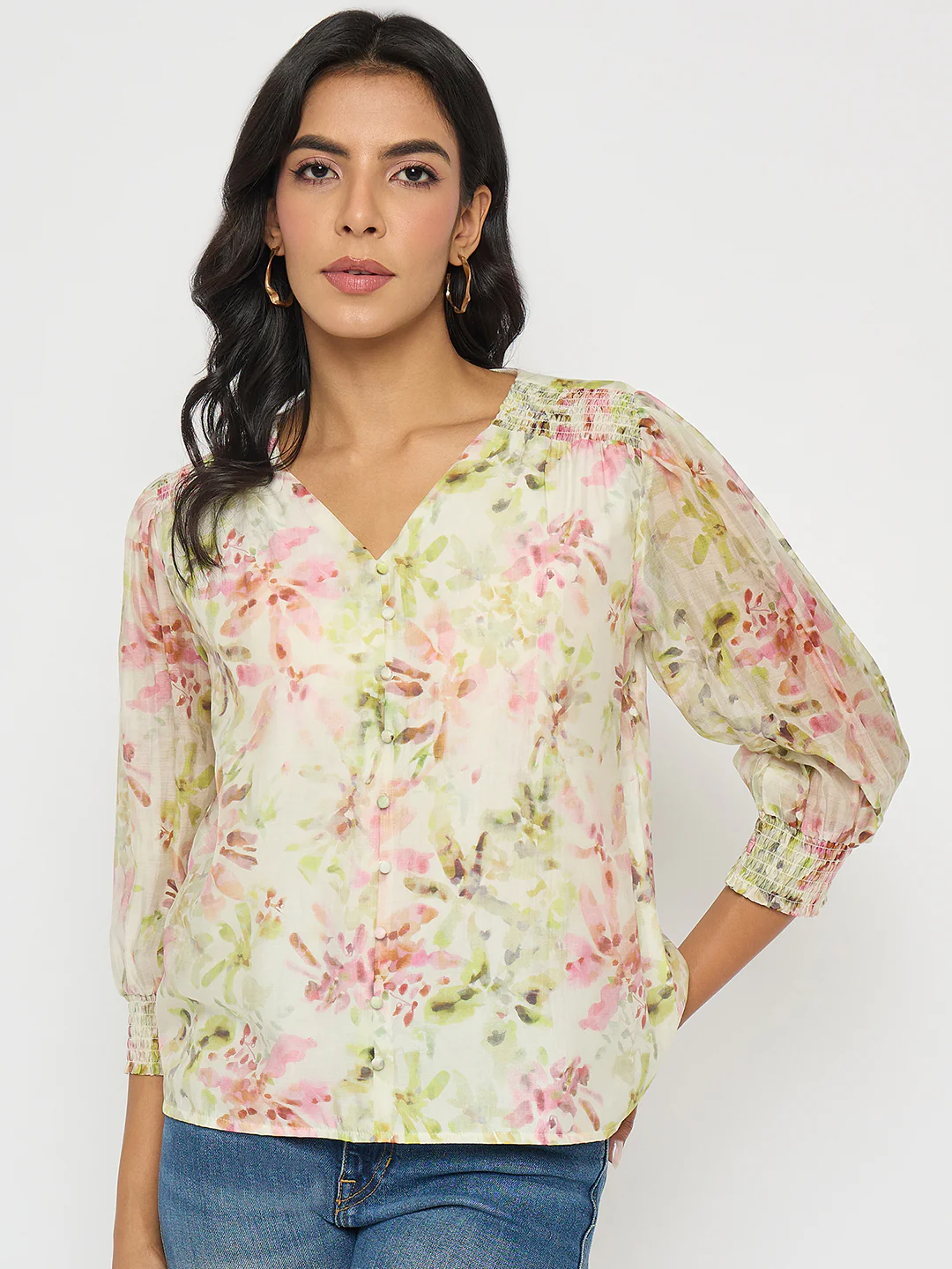 Madame Floral Print Ruffle Detail Cotton Green Peplum Top - Image 3