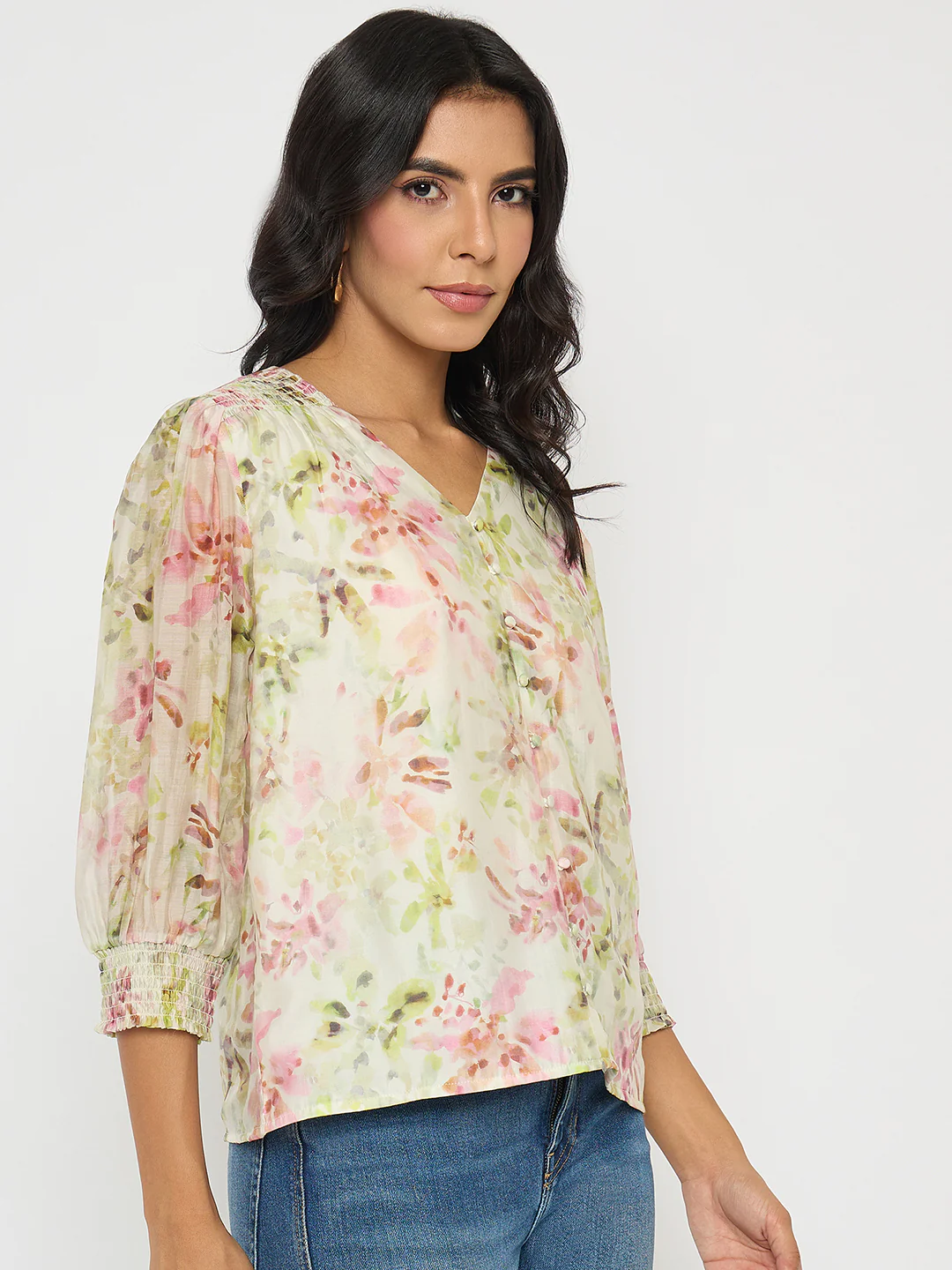 Madame Floral Print Ruffle Detail Cotton Green Peplum Top - Image 4