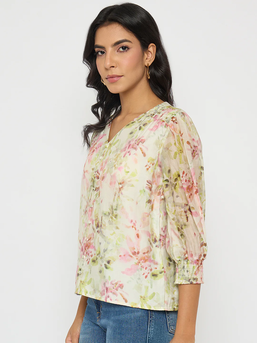 Madame Floral Print Ruffle Detail Cotton Green Peplum Top - Image 5