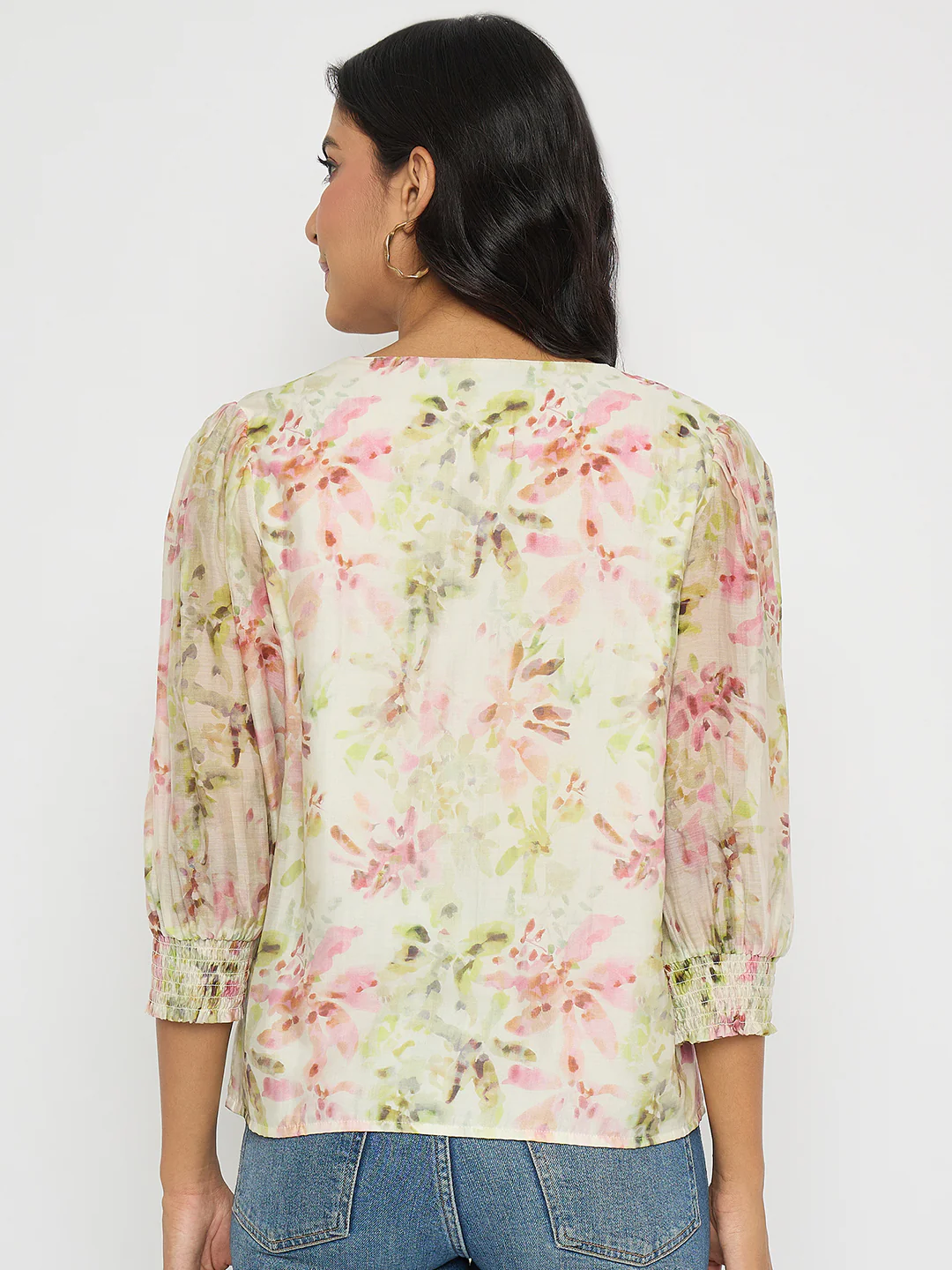 Madame Floral Print Ruffle Detail Cotton Green Peplum Top - Image 6