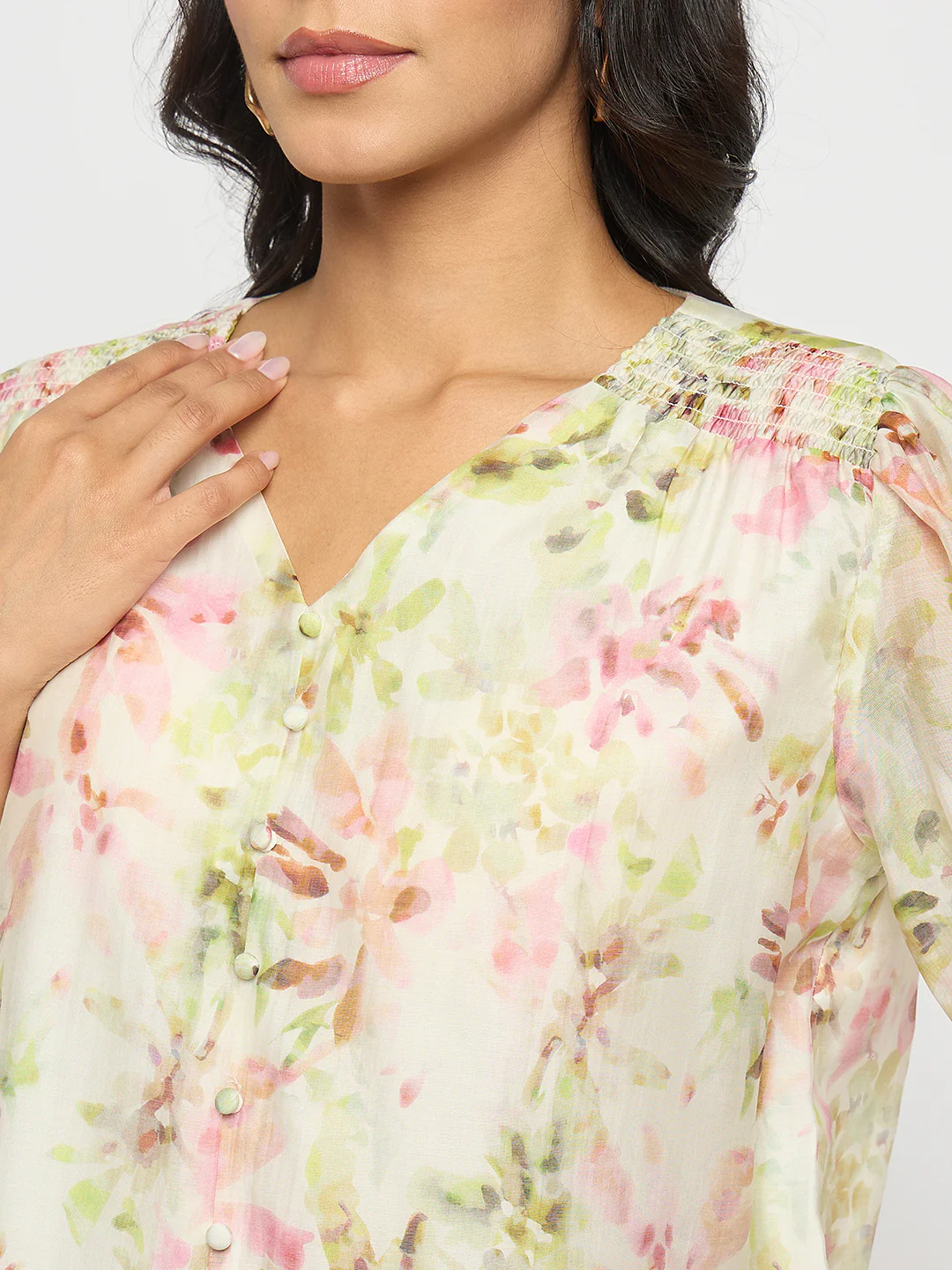 Madame Floral Print Ruffle Detail Cotton Green Peplum Top - Image 7