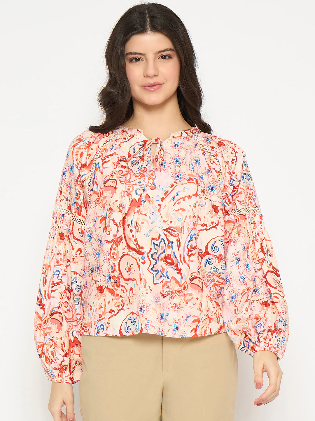 Madame Smocking Detailed Printed Red Cotton Top - Image 2