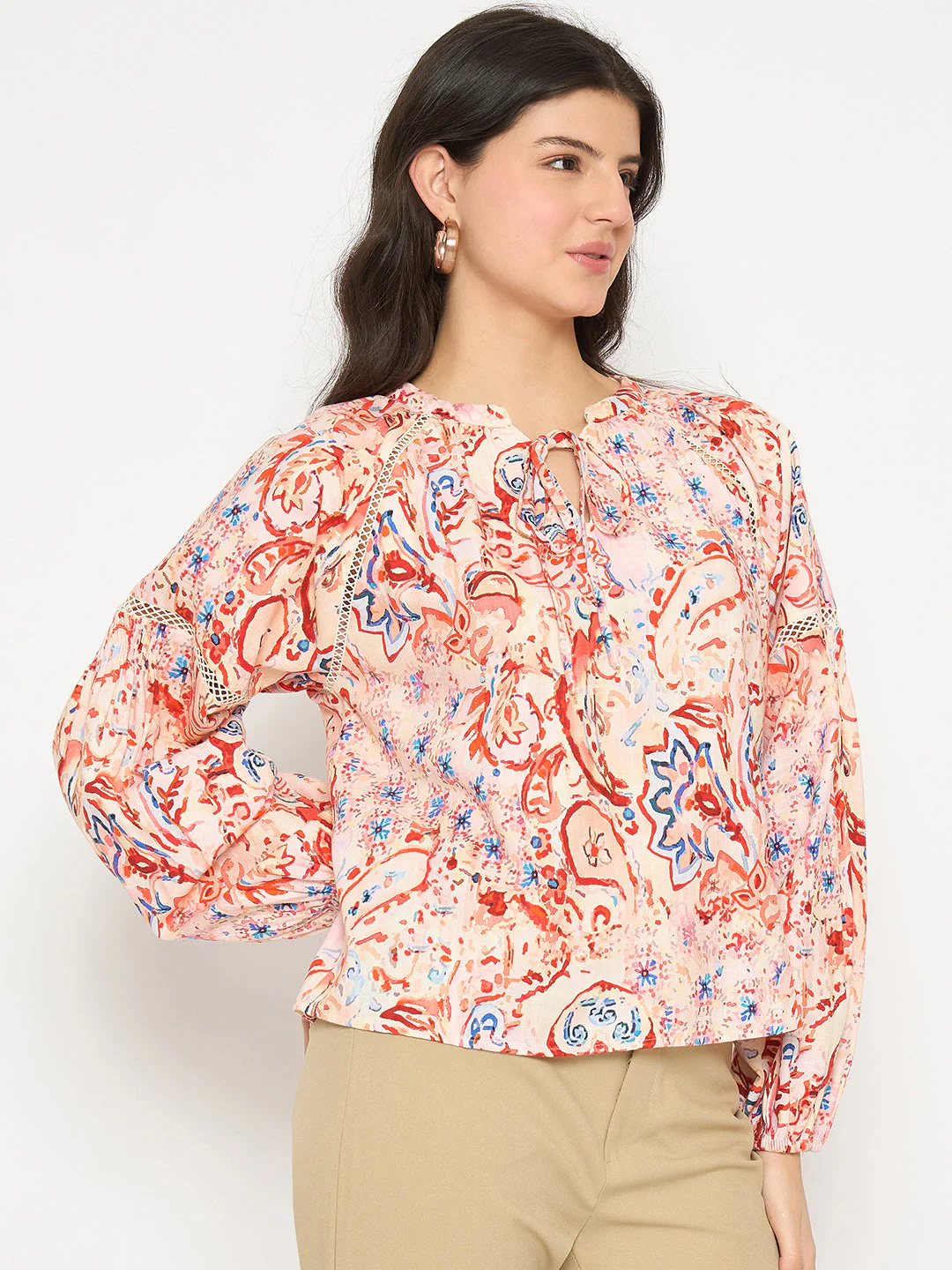 Madame Smocking Detailed Printed Red Cotton Top - Image 4