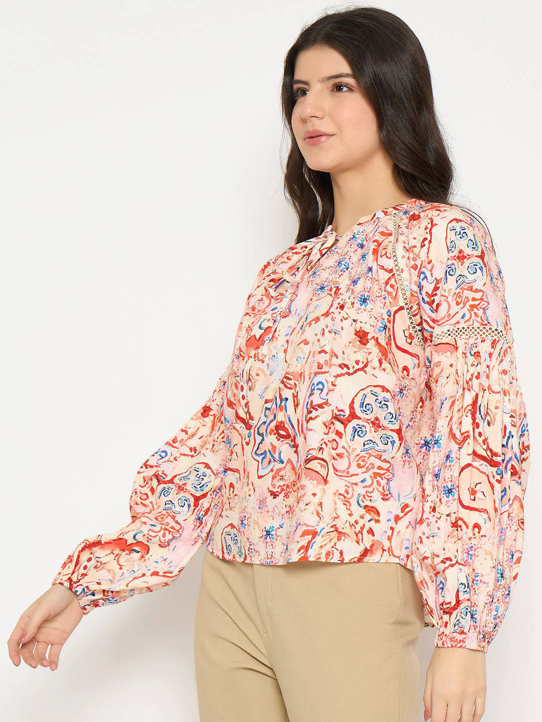 Madame Smocking Detailed Printed Red Cotton Top - Image 5