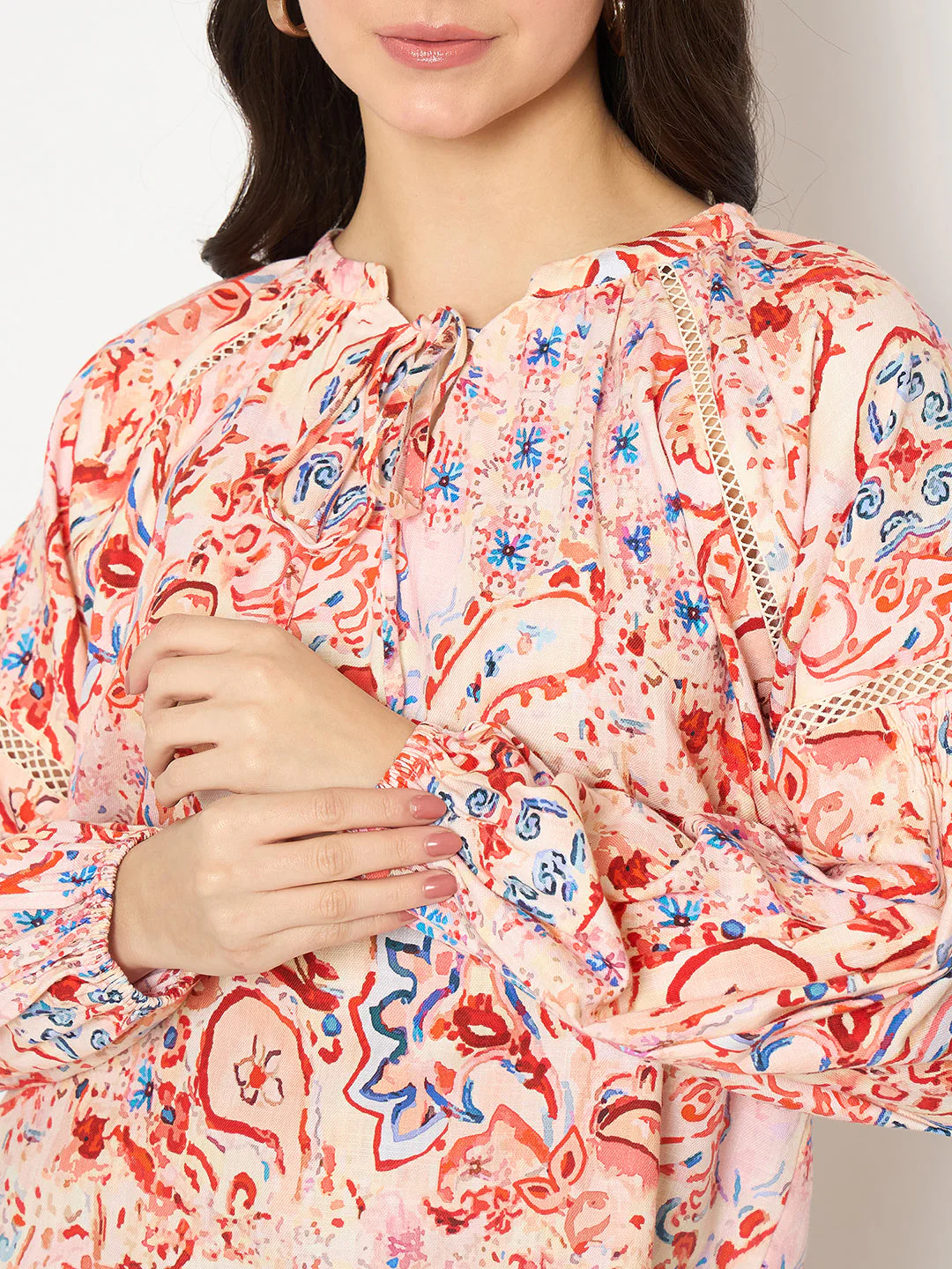 Madame Smocking Detailed Printed Red Cotton Top - Image 7