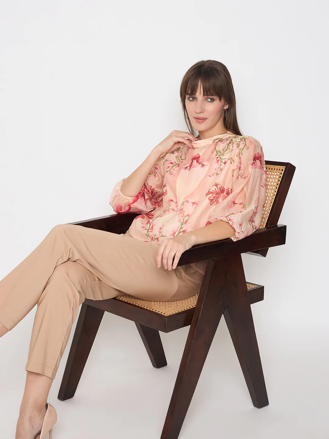Madame Floral Print Puff Sleeve Peach Top
