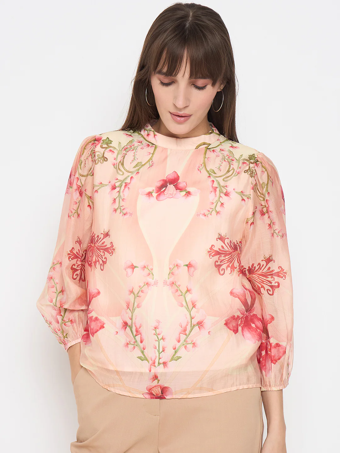Madame Floral Print Puff Sleeve Peach Top - Image 3
