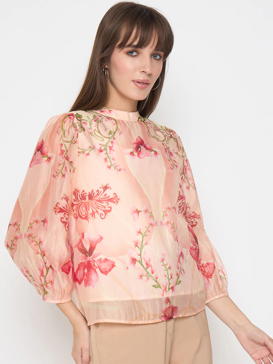 Madame Floral Print Puff Sleeve Peach Top - Image 4