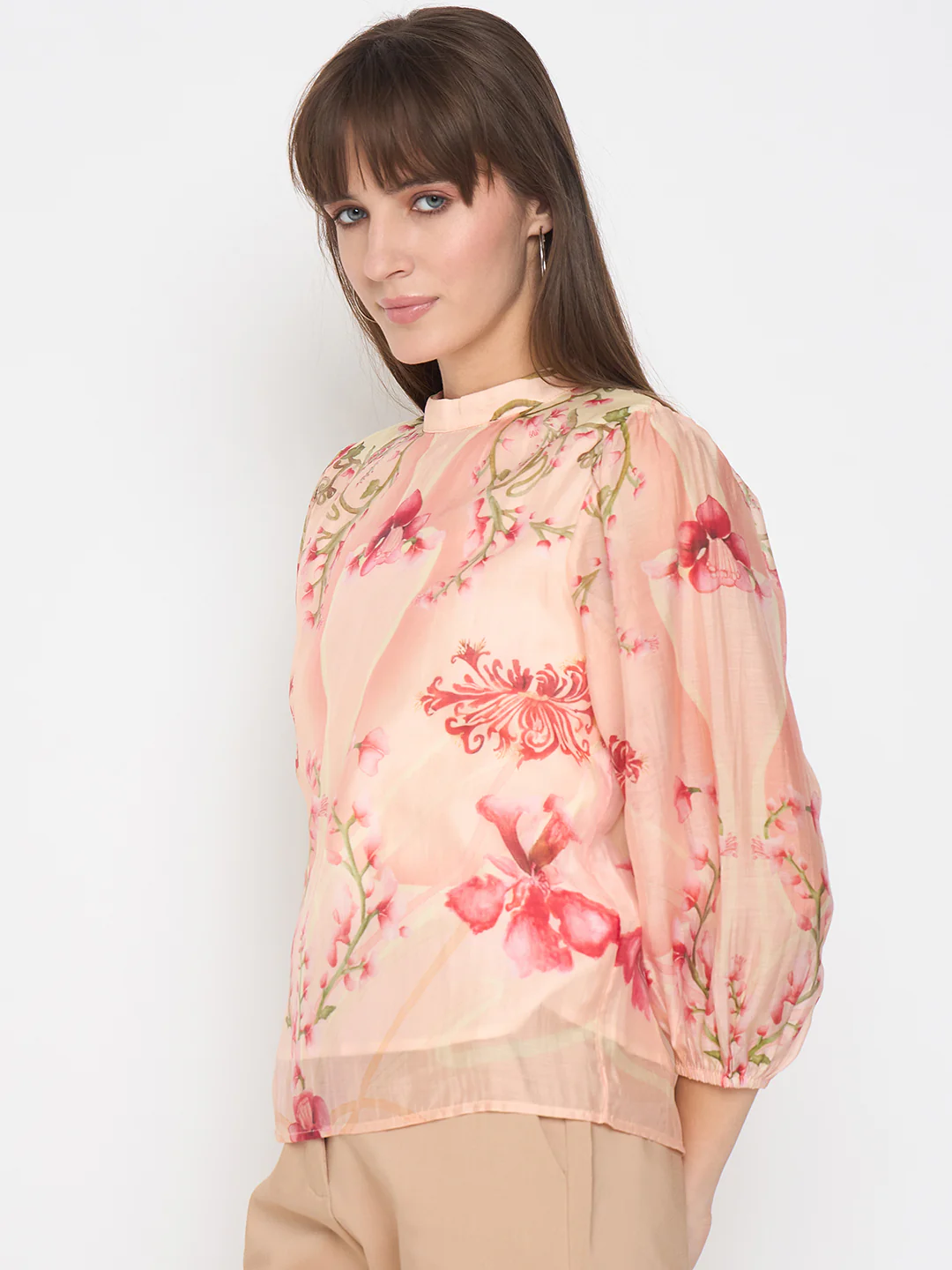Madame Floral Print Puff Sleeve Peach Top - Image 5