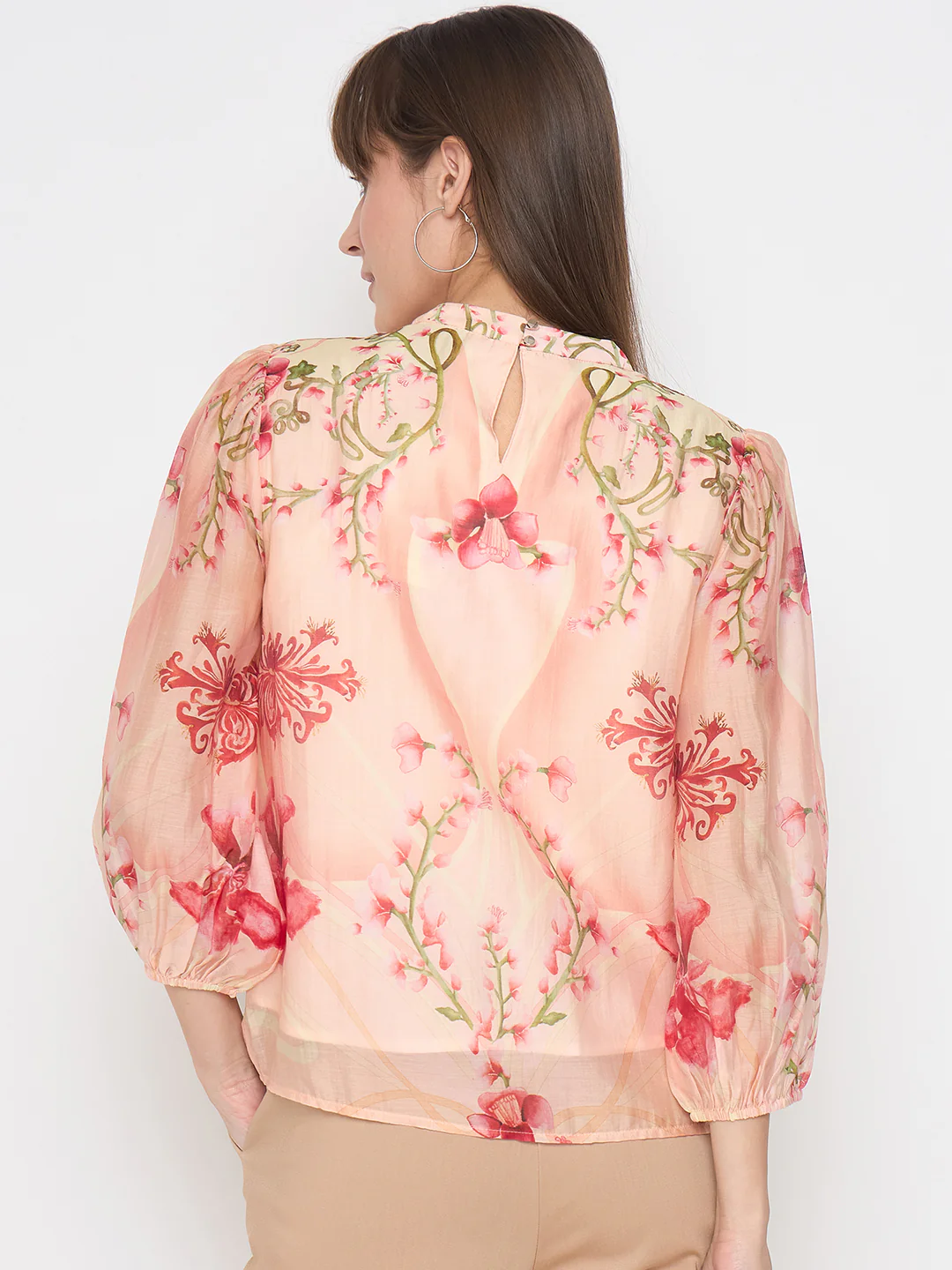 Madame Floral Print Puff Sleeve Peach Top - Image 6