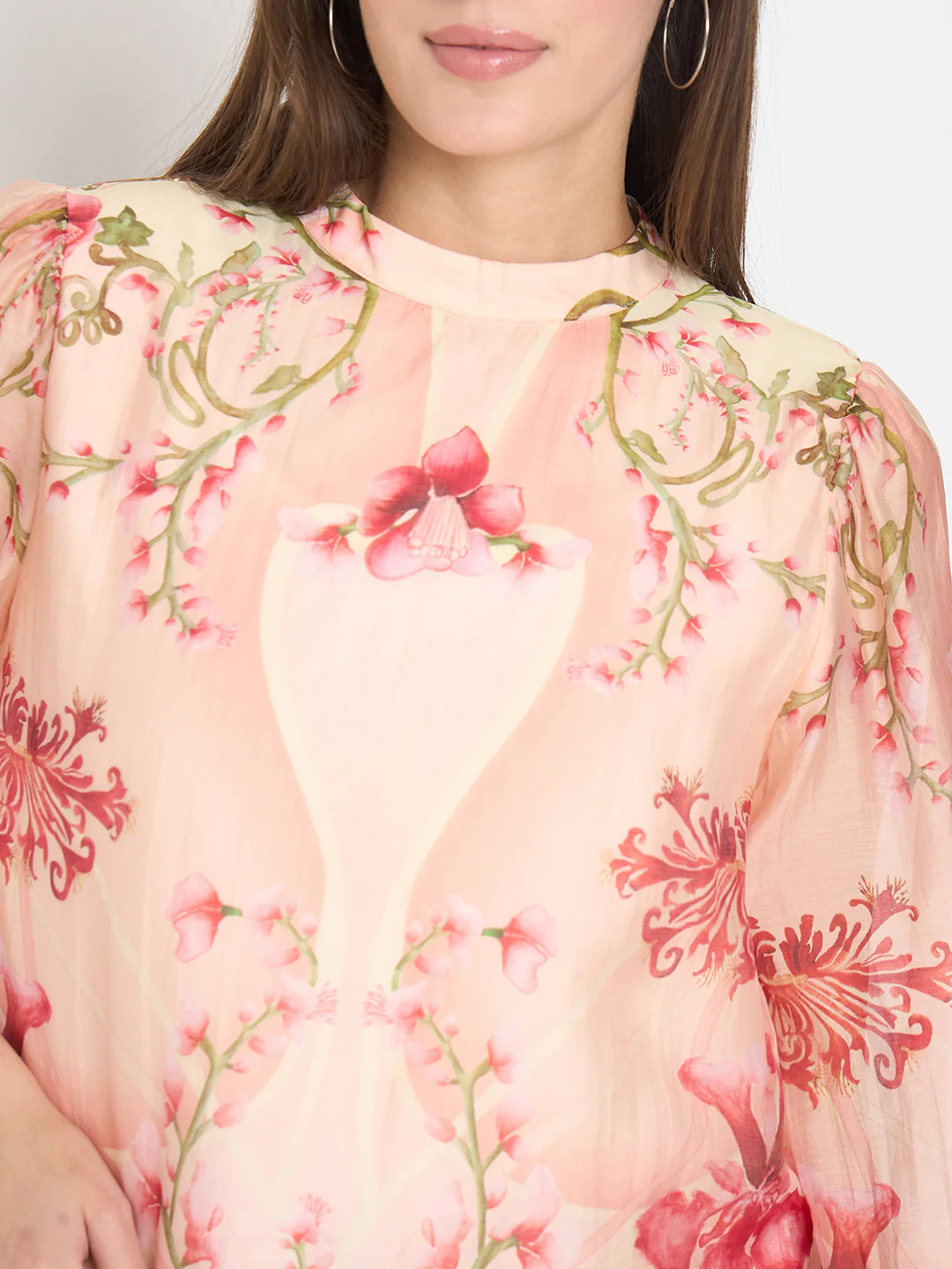 Madame Floral Print Puff Sleeve Peach Top - Image 7