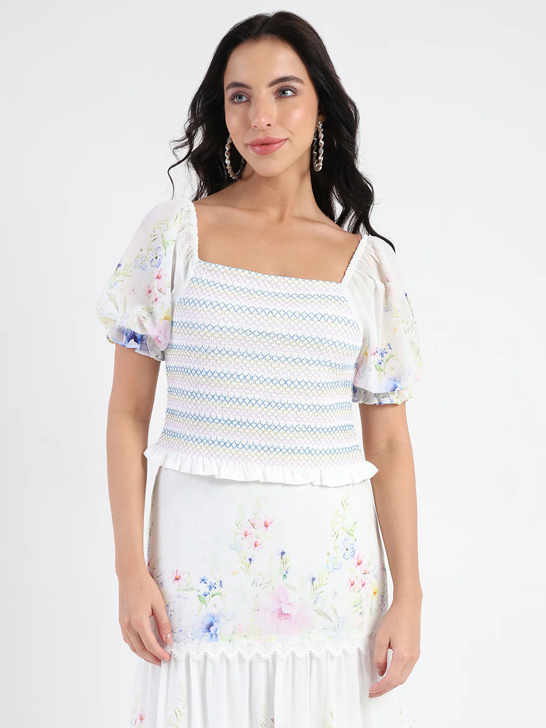 Madame Chiffon Smoking Contrast Threads Printed White Top