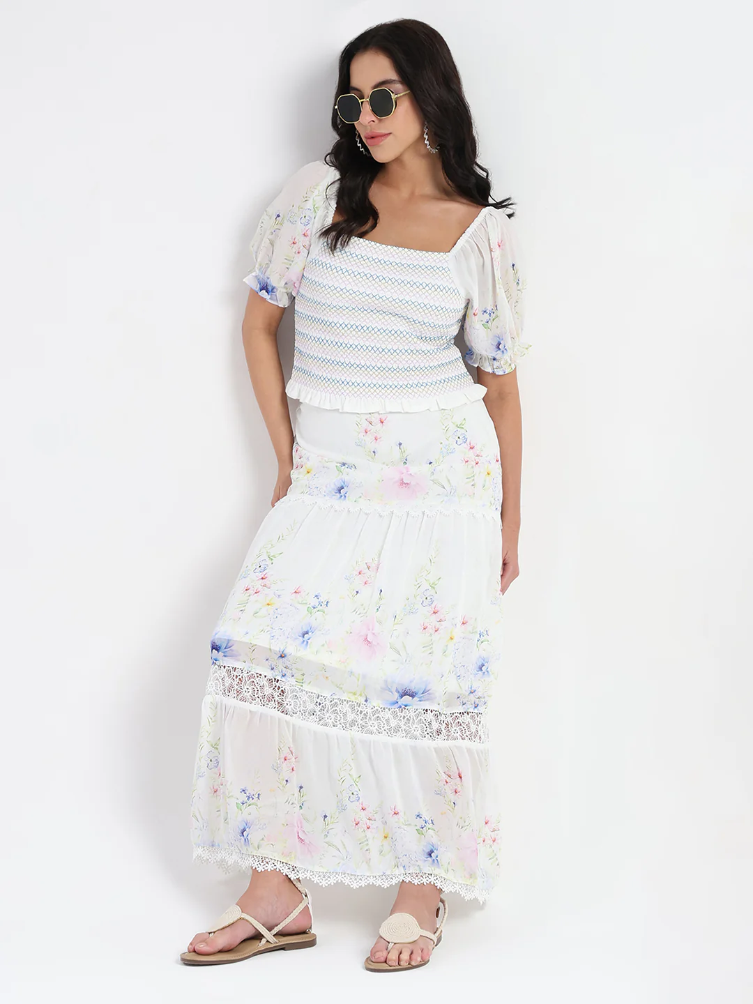 Madame Chiffon Smoking Contrast Threads Printed White Top - Image 2