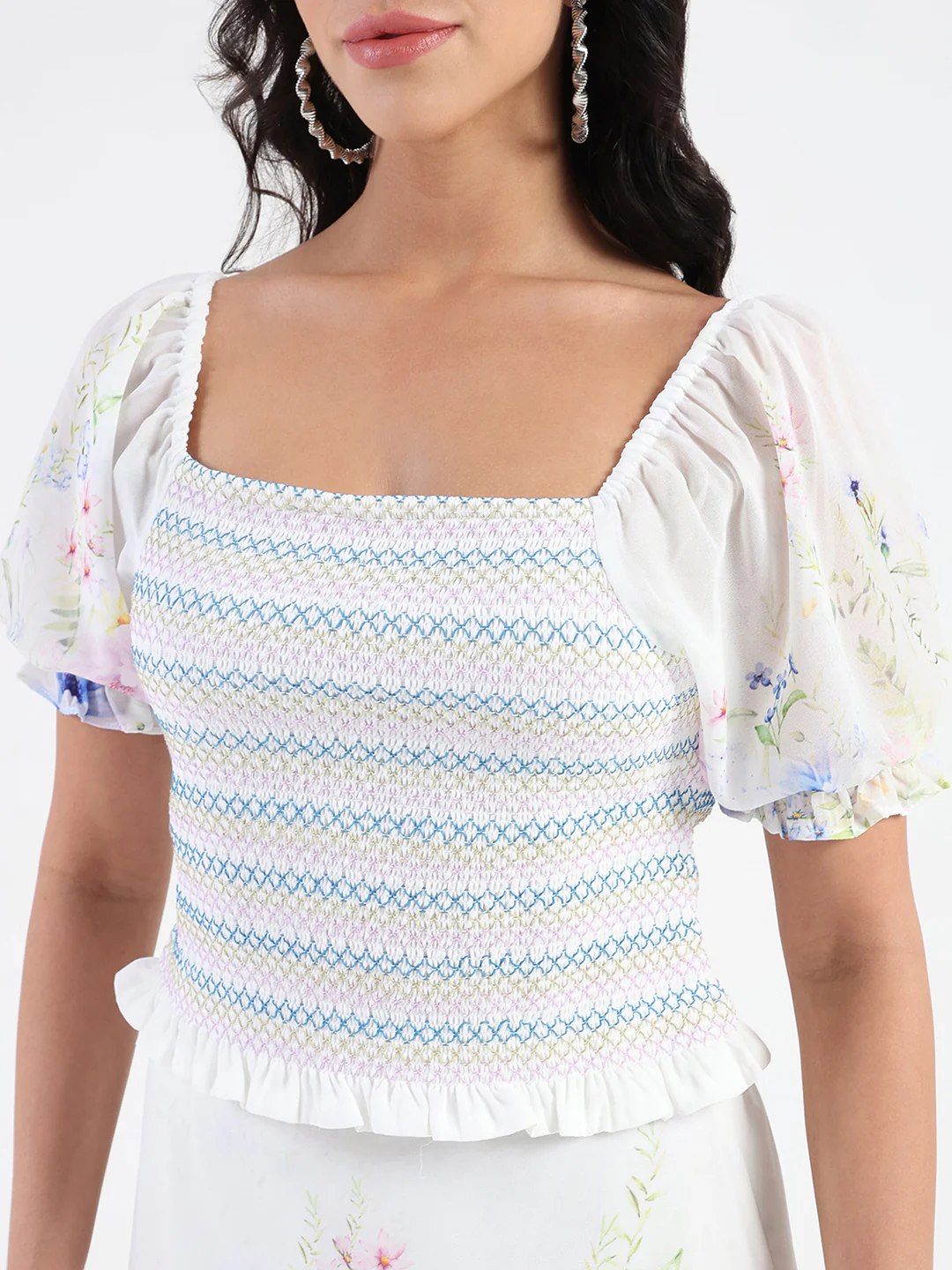 Madame Chiffon Smoking Contrast Threads Printed White Top - Image 6