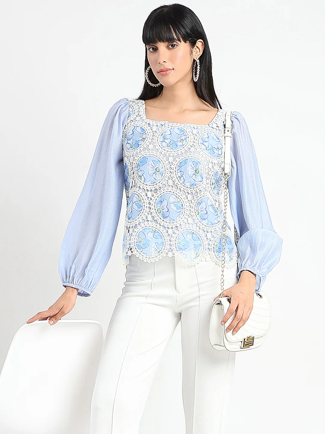 Madame Printed Powder Blue Tencel Blend Crochet Top
