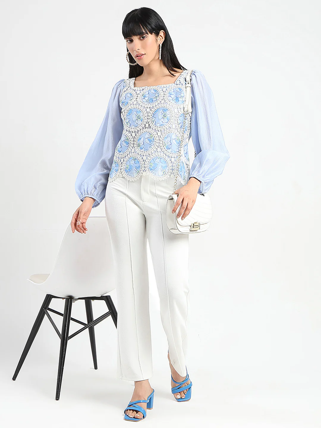 Madame Printed Powder Blue Tencel Blend Crochet Top - Image 2