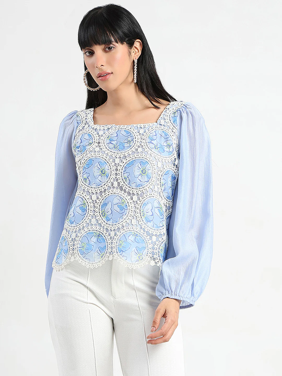 Madame Printed Powder Blue Tencel Blend Crochet Top - Image 3