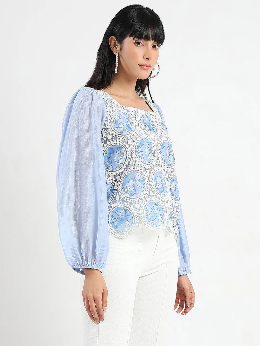 Madame Printed Powder Blue Tencel Blend Crochet Top - Image 4