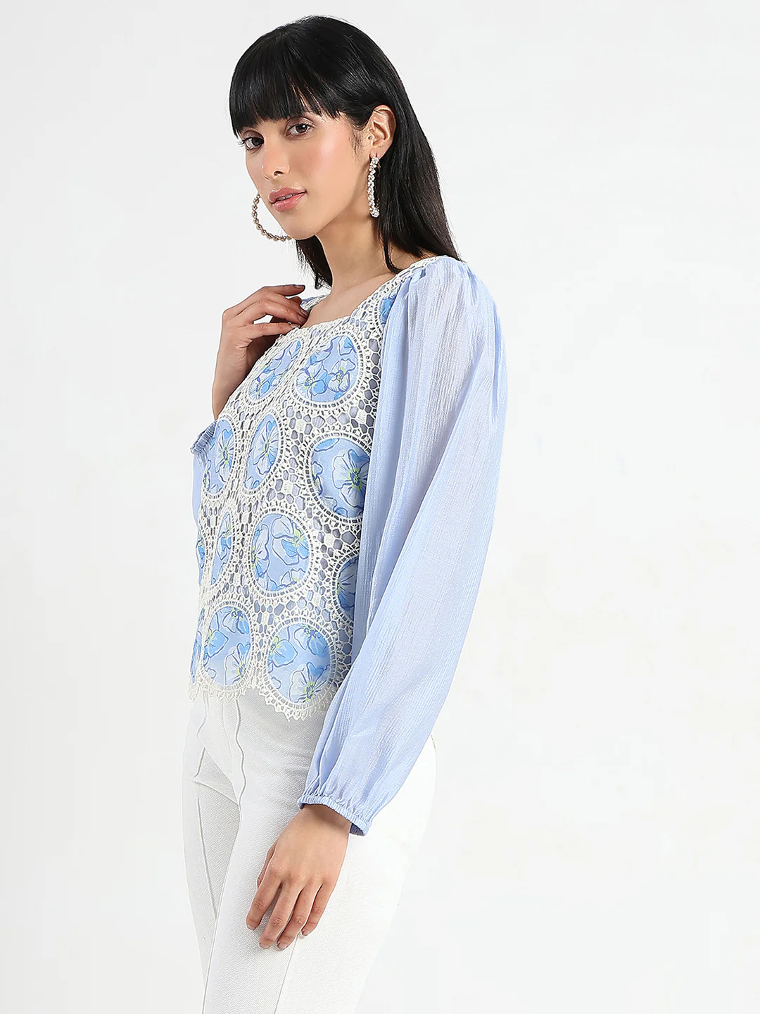 Madame Printed Powder Blue Tencel Blend Crochet Top - Image 5