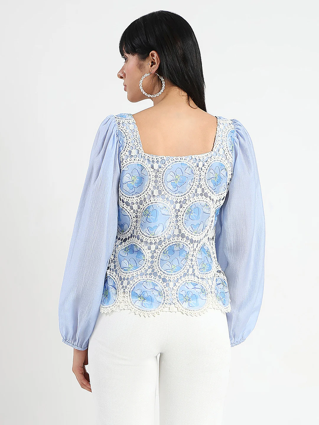 Madame Printed Powder Blue Tencel Blend Crochet Top - Image 6