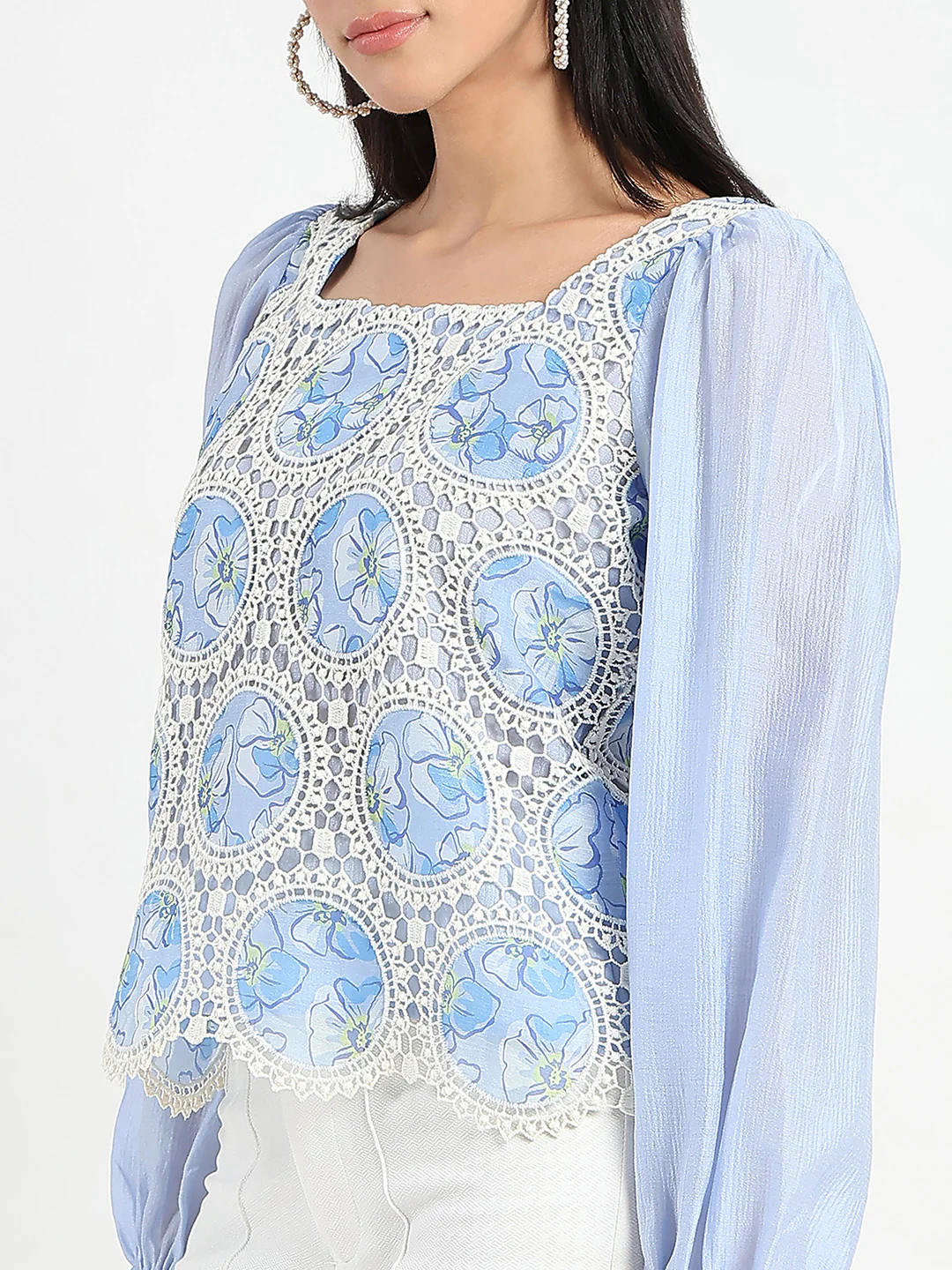 Madame Printed Powder Blue Tencel Blend Crochet Top - Image 7