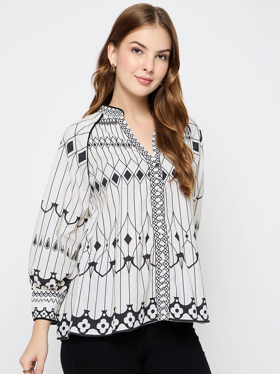 Madame Floral Print Cotton Blend Black Top - Image 4