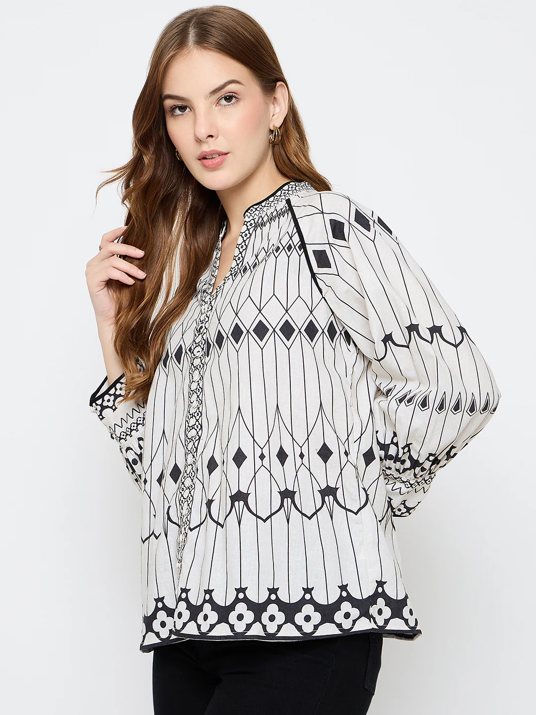 Madame Floral Print Cotton Blend Black Top - Image 5