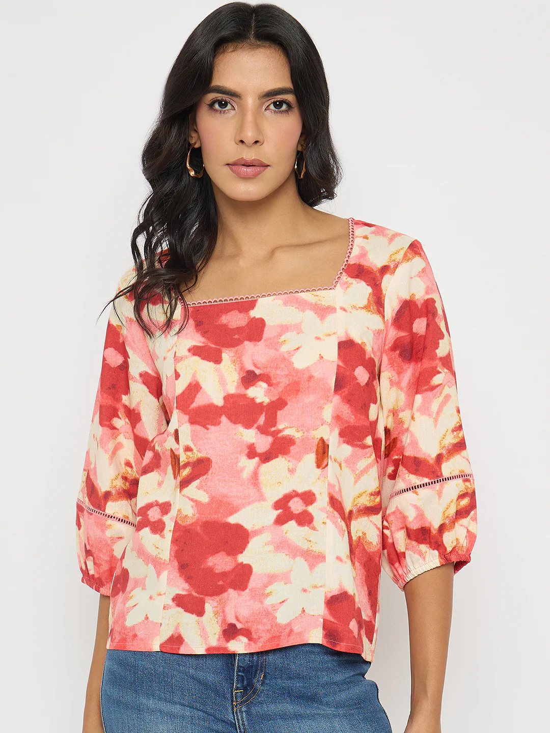 Madame Floral Print Square Neck Coral Top - Image 3