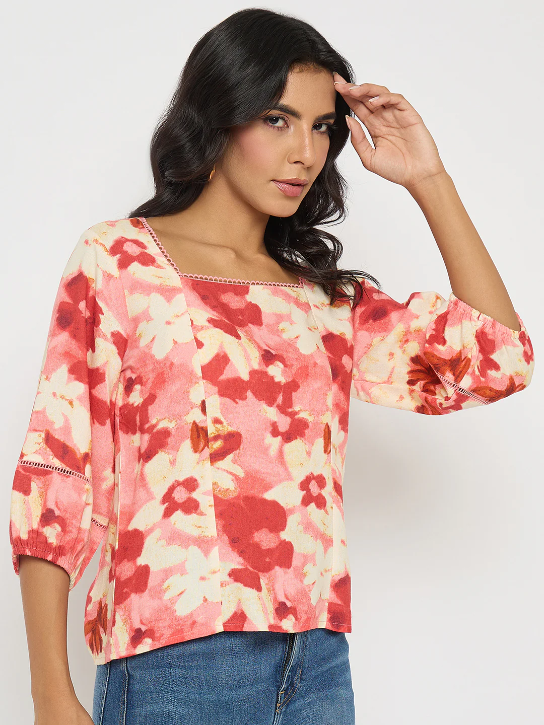 Madame Floral Print Square Neck Coral Top - Image 4