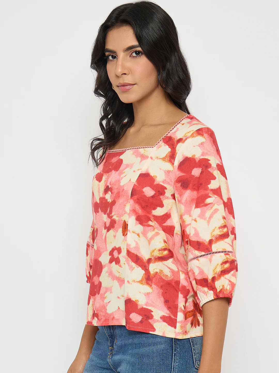 Madame Floral Print Square Neck Coral Top - Image 5