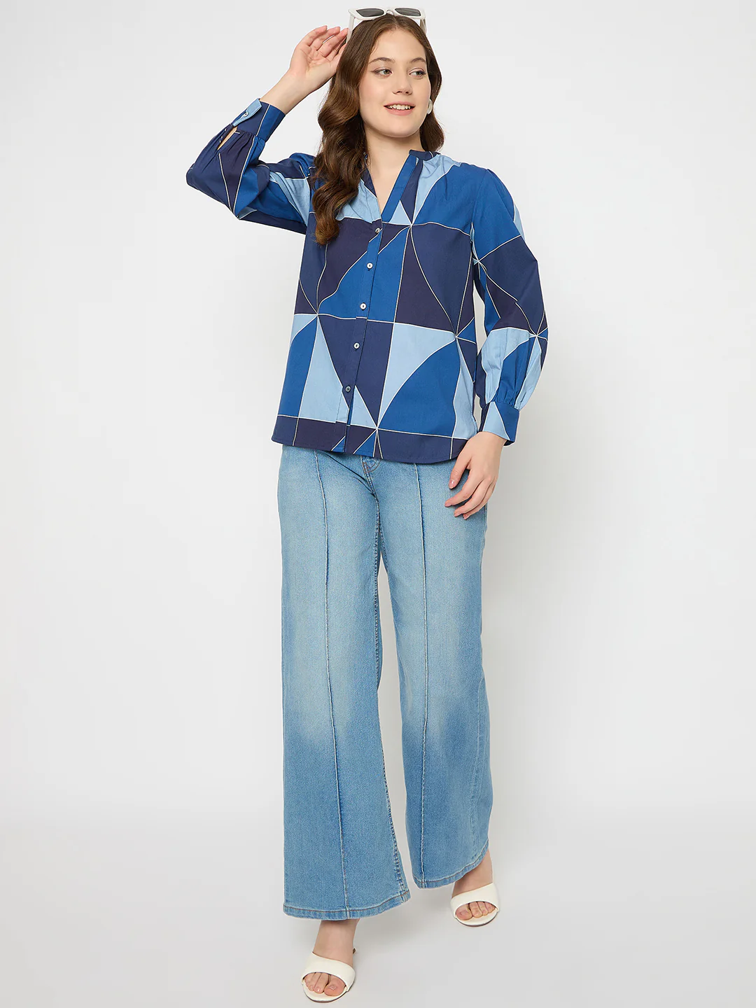 Madame Geometric Print Navy Blue Cotton Top - Image 2