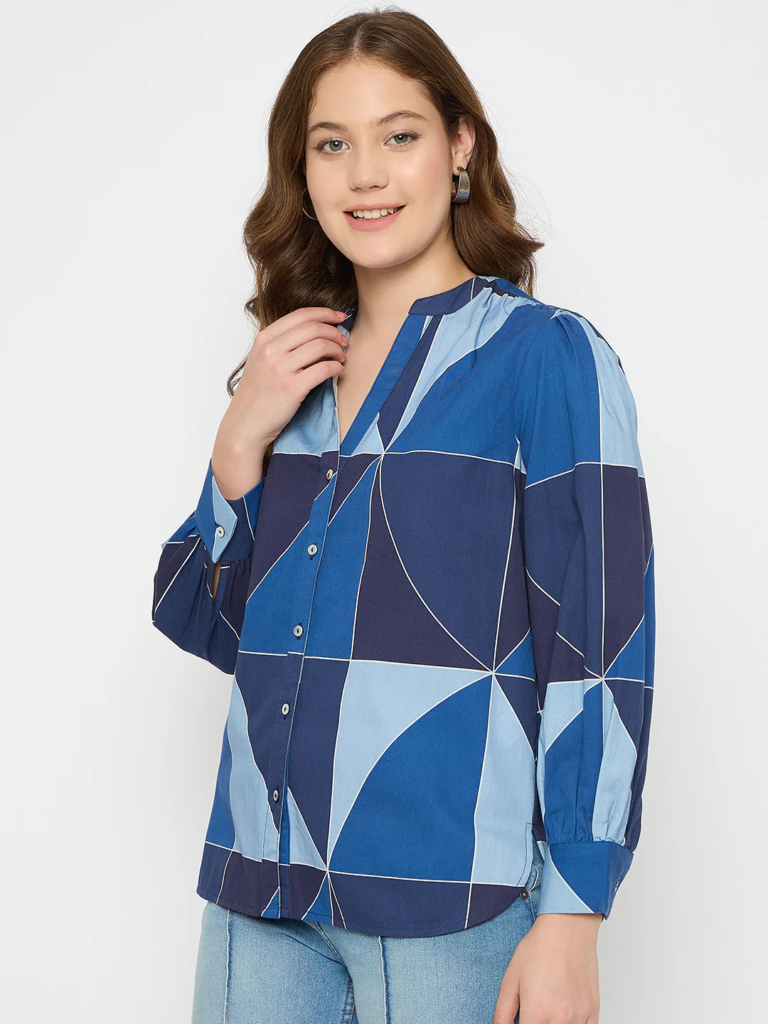 Madame Geometric Print Navy Blue Cotton Top - Image 5