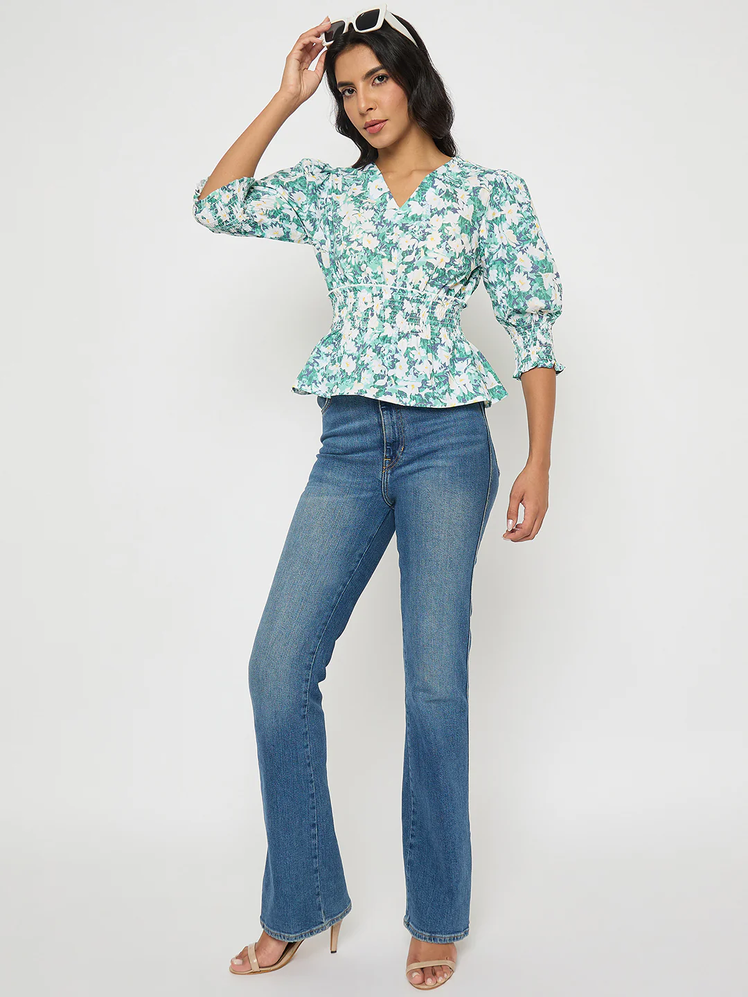 Madame Abstract Print Nylon Blend Pink Peplum Top - Image 2