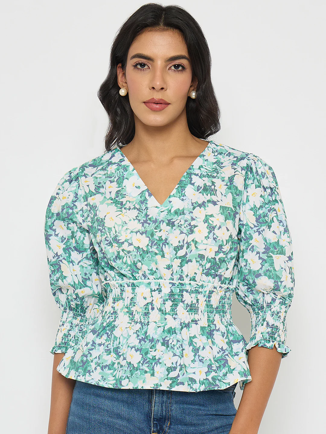 Madame Abstract Print Nylon Blend Pink Peplum Top - Image 3