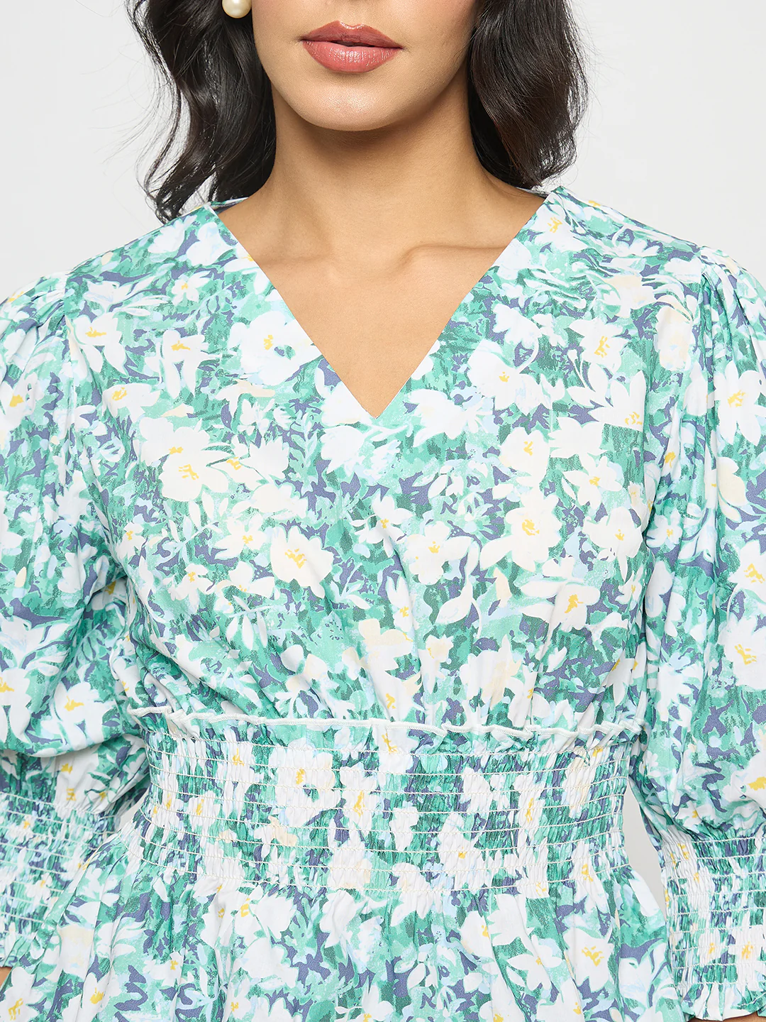 Madame Abstract Print Nylon Blend Pink Peplum Top - Image 7