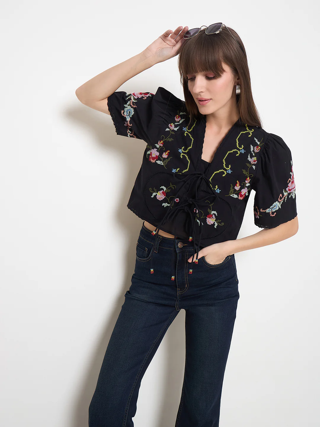 Madame Floral Embroidered Tie-Front Black Crop Top