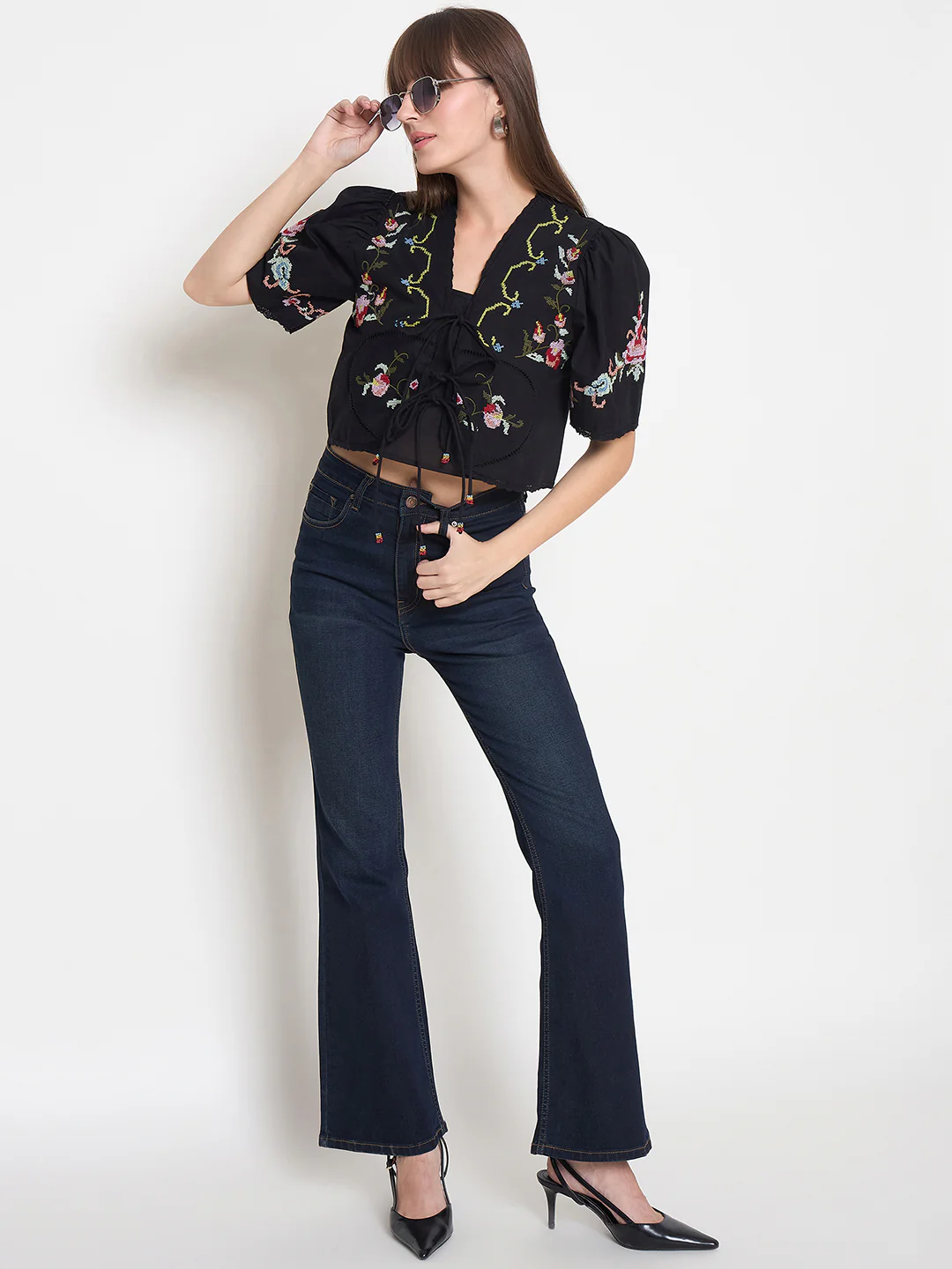 Madame Floral Embroidered Tie-Front Black Crop Top - Image 2